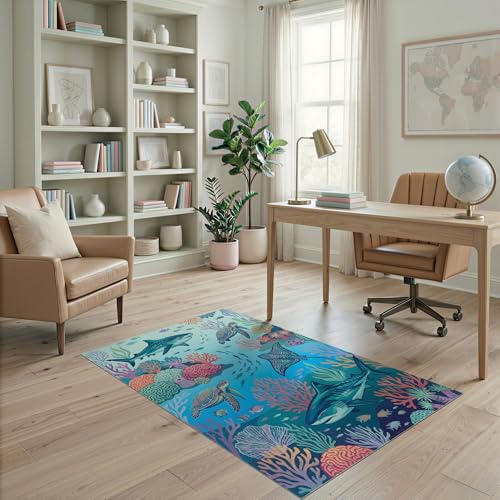 4'x6' Washable Graphic Fish Area Rug, Teal Flatwoven Floor Mat Non-Slip Chair-Friendly Carpet for Home Office, Gaming Room, Under Desk | Ref:2067260 - color: Blue/Pattern 11, size: 4' x 6' (Rectangular)