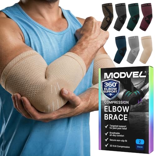 Modvel 2 Pack Elbow Brace for Tendonitis and Tennis Elbow Brace for Women and Men, Elbow Compression Sleeve for Pain Relief and Recovery – Elbow Sleeves Weightlifting Men, Sports & Workout, Arm Brace - color: Nude, size: Small