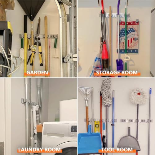 reliahom Broom Holder Wall Mount Mop Hanger Tools organizer 5Racks4Hooks,2P | Adjustable Mop Broom Wall Hanging Heavy Duty Tools Storage Rack Space-saving for Garage,Kitchen,Laundry Room,Garden, Silver - color: Silver