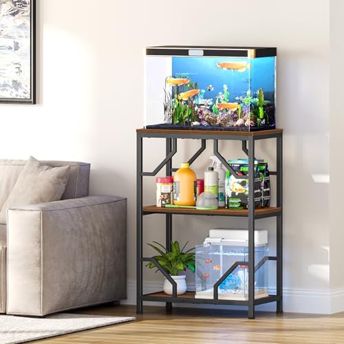 Snughome 10 Gallon Aquarium Stand, Fish Tank Stand with 3 Tier Storage, Heavy Duty Metal Terrarium Stand for Home Office, 21.26" x 11.81" x 30.51", Rustic Brown