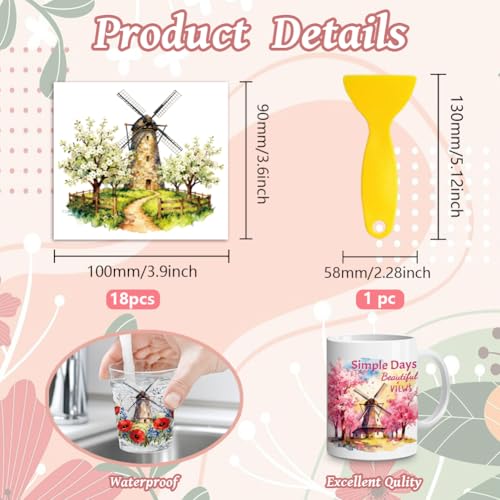 Peacoblue 18 Sheets Rub on Transfers for Crafts, Dutch Windmills and Scenery 3.6"x3.9" UV DTF Cup Wraps Waterproof Rub on Cold Transfers Stickers for Wood Glass Metal Cup Tumblers Mirrors Mugs Decor - style: Dutch Windmills and Scenery