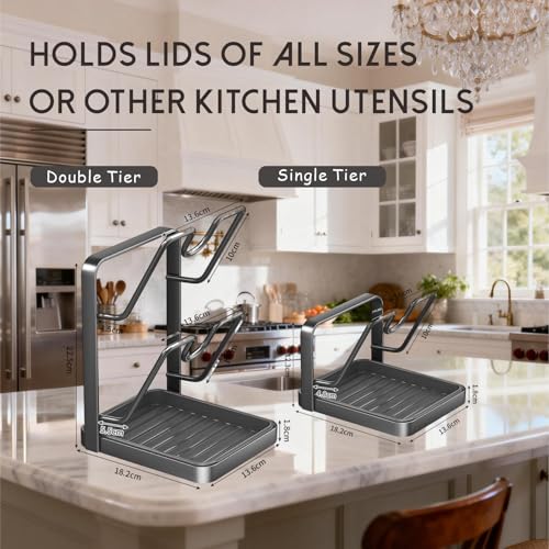 Pot Lid Holder With Drip Tray 2-In-1 Kitchen Countertop Organizer For Pot Lids, Cutting Boards, And Utensils, Space-Saving Design With Easy-Clean Drainage Tray, Black Metal