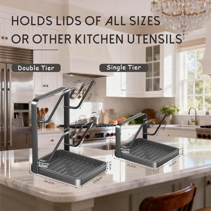 Pot Lid Holder With Drip Tray 2-In-1 Kitchen Countertop Organizer For Pot Lids, Cutting Boards, And Utensils, Space-Saving Design With Easy-Clean Drainage Tray, Black Metal