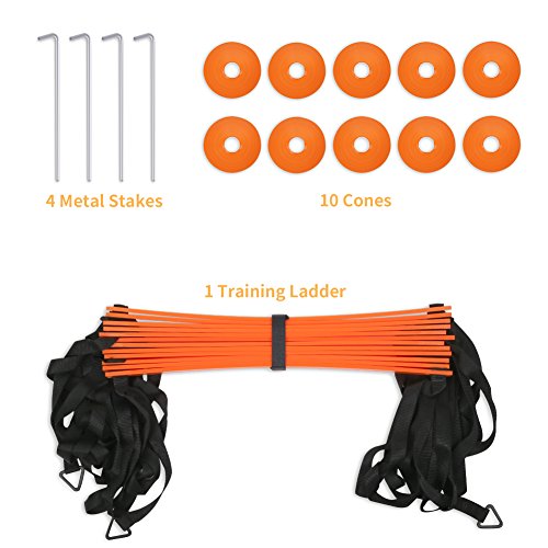 YISSVIC Agility Ladder and Cones 20 Feet 12 Adjustable Rungs Fitness Speed Training Equipment,1 Carry Bags, 10 Cones, 4 Stakes, Basketball, Soccer