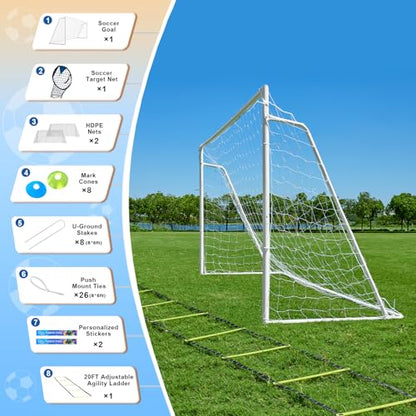 Soccer Goals for Backyard Soccer Goal 12x6 Big 10x6.5 8x6 6x4FT Soccer Goals for Youth Adults and Kids Large Metal 2" Goal Post with Agility Ladder and Target Net Soccer Cones Practice Equipment - size: 8×6 FT