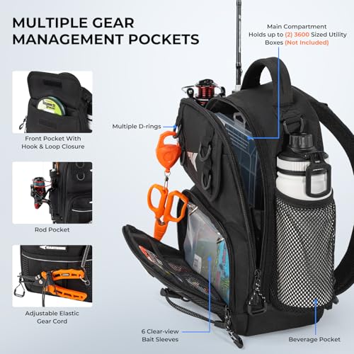 KastKing BaitSpace Fishing Sling Bag, Fishing Backpack with Rod & Beverage Holder, Tackle Bag for Fishing Gear - color: D: Black, size: Standard