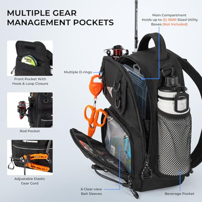 KastKing BaitSpace Fishing Sling Bag, Fishing Backpack with Rod & Beverage Holder, Tackle Bag for Fishing Gear - color: D: Black, size: Standard