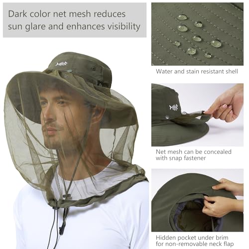 BASSDASH UPF 50+ Mosquito Sun Hat with Hidden Head Net and Neck Flap for Men Women Outdoor Fishing Hiking Camping - color: Army Green