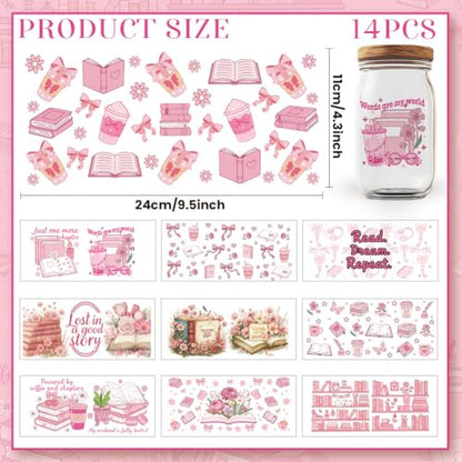 14 Pcs Reading UV DTF Cup Wraps for 16OZ Glass, 4.3 x 9.4 Inch Pink Reading Book Lover UV DTF Transfer Stickers Waterproof Rub on Transfer Decals for Glass Bottle Vase Furniture Crafts - style: Pink Reading