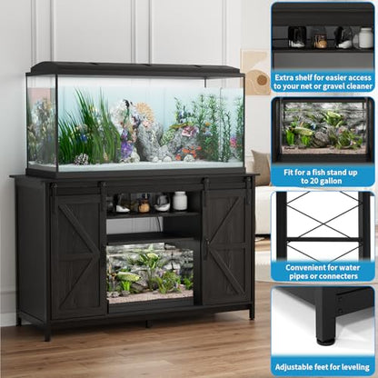 VOWNER Farmhouse 55-75 Gallon Fish Tank Stand with Power Outlet, Aquarium Stand with Storage Cabinet and Sliding Barn Door, Heavy Duty Reptile Tank Stand, for 2 Tanks, 1000LBS Capacity, Black