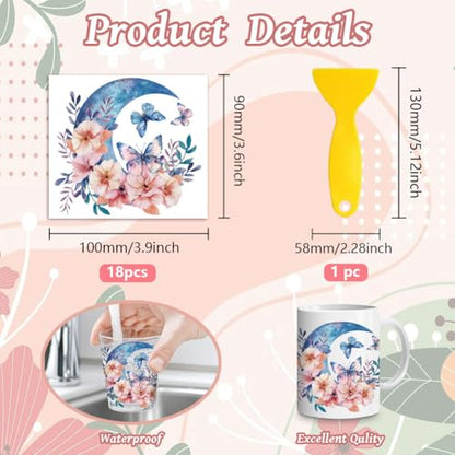 Peacoblue 18 Sheets Rub on Transfers for Crafts, Butterfly and Flower 3.6"x3.9" UV DTF Cup Wraps Waterproof Rub on Cold Transfers Stickers for Wood Glass Metal Cup Tumblers Mirrors Mugs Home Decor - style: Butterfly and flower
