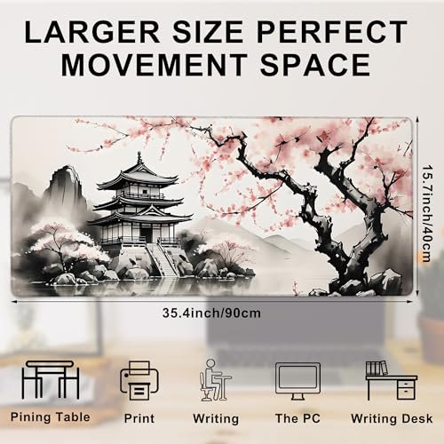 Desk Mat, Watercolor Cherry Blossom and Temple Large Extended Gaming Mouse Pad,Waterproof Non-Slip Rubber Base and Stitched Edges Desk Pad for Work Game Office Home 35.4x15.7in - color: Colour8