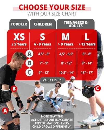SKATEWIZ Kids and Adult Knee Pads and Elbow Pads Set 6pcs - incl. Carry Bag - color: Black, size: M - Teenager Slim