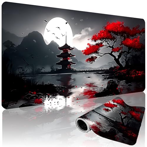 Gaming Mouse Pad 35.4 x 15.7 Inch, Large Extended Desk Mousepad with Oriental Landscape Moon Design, Water-Resistant Surface, Stitched Edges, Non-Slip Rubber Base Desk Mat for Gaming & Office - color: Oriental Landscape Moon