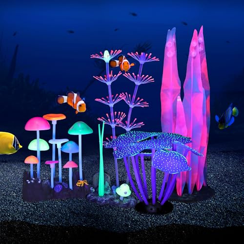 4 Pack Aquarium Fish Tank Decorations, Soft Silicone Coral Reef Plant Mushroom Kelp Decorations Glowing Artificial Ornament for Aquarium Fish Tank Glow Ornament - style: Silicone Coral+Kelp+strip Coral+mushroom