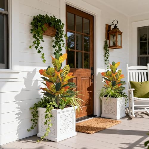 UV-Resistance 35inch Artificial Croton Plant, 2 Pack Fake Croton with Ground Spike, Faux Fiddle Leaf Fig Tree for Outdoor Home Decor