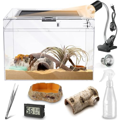 Reptile Polycarbonate Terrarium Kit 7 Piece Starter Habitat for Tarantula,Lizards,Frogs,Geckos,or Hermit Crabs,Tank with Escape-Proof Locking Lid,Light,Hygrometer,Hide,Tweezer,Bowl,Sprayer L - size: Large(15.6x8x10IN)