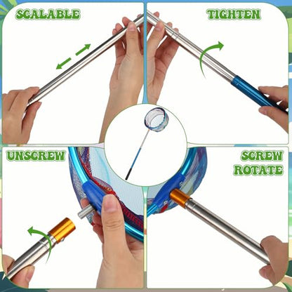 2 Pack Telescopic Kids Fishing Net with Handle, 2 Collapsible Bucket Sand Pail, Stainless Steel Foldable Fishing Net Small Fishing Butterfly Bug Net Beach Shovel with Storage Bag - color: Green Pink Purple Blue