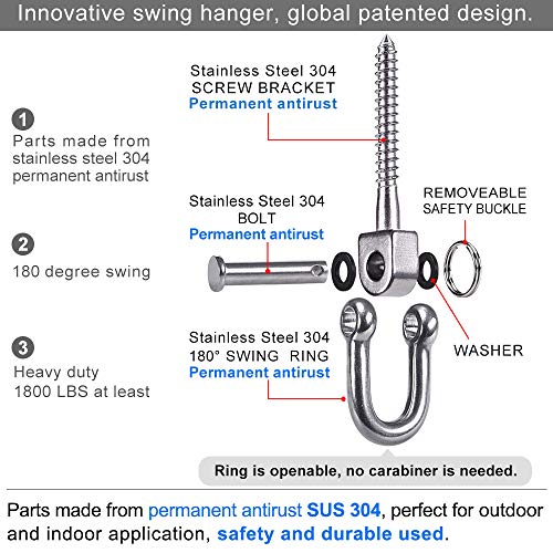 SELEWARE 6 Pack Swing Hangers Swing Set Hooks Stainless Steel Hammock Hooks | Heavy Duty Swing Mount for Porch Swing, Hammock Chair, Heavy Bag, Yoga Silk, Suspension Straps, Gymnastics Rings - color: Stainless 6 Pack Swing Hooks