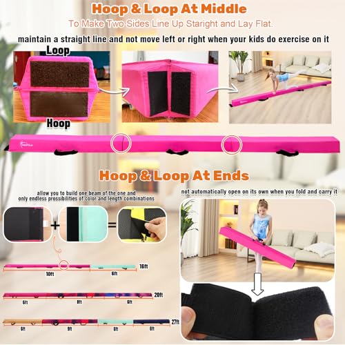 Marfula 6 FT / 8 FT / 9 FT Folding Gymnastics Beam Foam Balance Floor Beam - color: Pink, size: 10 Ft