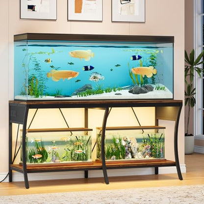 55-90 Gallon Fish Tank Stand, Metal Aquarium Stand, Power Outlets - color: Brown and Black