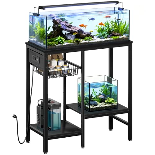20 Gallon Fish Tank Stand with Power Outlet, Metal Aquarium Stand with Adjustable Shelves, Ample Storage for Filter and Fish Tanks Accessories, Reptile Tank Stands, 660 LBS, Black
