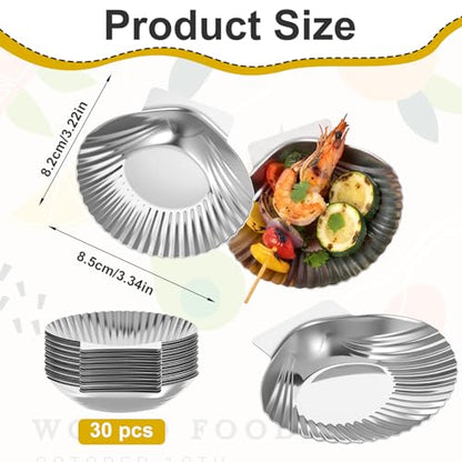 30 Pcs Stainless Steel Grillable Shells Reusable Oyster Shells Baking Dishes for Grilling, Broiling, and Serving Seafood Appetizers like Clams, Scallops, and Shrimp, 3.5 Inch Silver Platters
