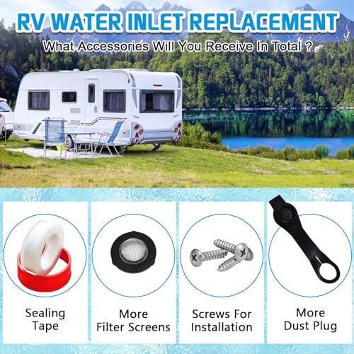RV Fresh Water Inlet, RV Water Fill Inlet with Check Valve, 3/4 NH Female to 1/2 NPT Male RV Water Hose Connector, RV Water Inlet Replacement with Dust Plug for RV Camper Motorhome Marine - color: Black