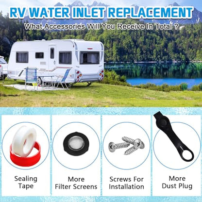 RV Fresh Water Inlet, RV Water Fill Inlet with Check Valve, 3/4 NH Female to 1/2 NPT Male RV Water Hose Connector, RV Water Inlet Replacement with Dust Plug for RV Camper Motorhome Marine - color: Black