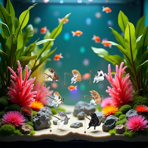 7 Pcs Cat Fishing Figurine, Cute Cat Statue Decor, Resin Mini Fish Tank Decorations Craft Sculpture for Aquarium Tanks Desk Yard Pond Indoor Outdoor