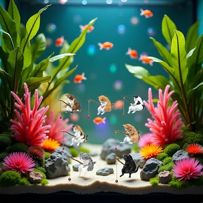 7 Pcs Cat Fishing Figurine, Cute Cat Statue Decor, Resin Mini Fish Tank Decorations Craft Sculpture for Aquarium Tanks Desk Yard Pond Indoor Outdoor