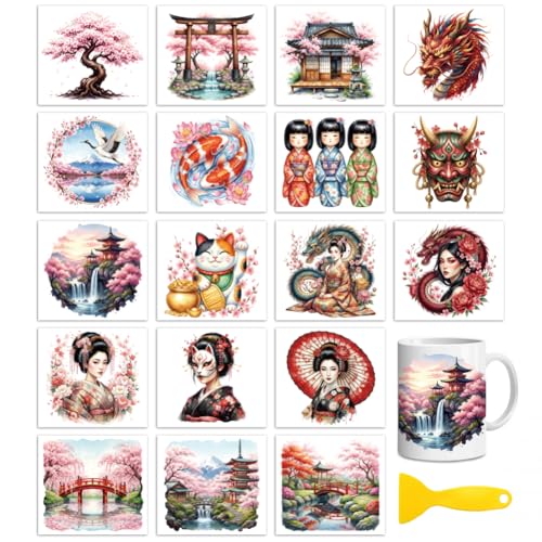 Peacoblue 18 Sheets Rub on Transfers for Crafts, Japanese Elements 3.6"x3.9" UV DTF Cup Wraps Waterproof Cold Transfers Stickers for Wood Glass Metal Cup Tumblers Mirrors Mugs Home Decor - style: Japanese Elements