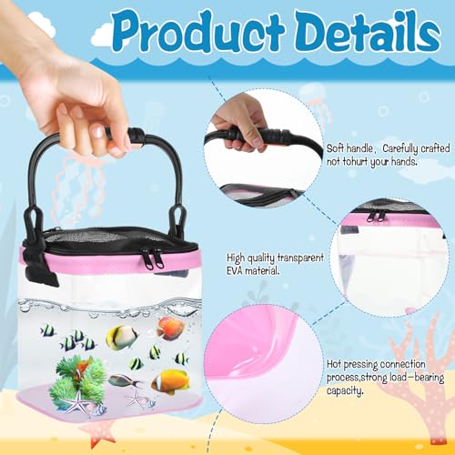 2 Sets Catch Plastic Beach Aquarium Kit, Release Aquarium Box for Beach with Retractable Net Bag and Transparent Portable Handheld（Pink）
