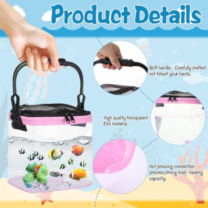 2 Sets Catch Plastic Beach Aquarium Kit, Release Aquarium Box for Beach with Retractable Net Bag and Transparent Portable Handheld（Pink）