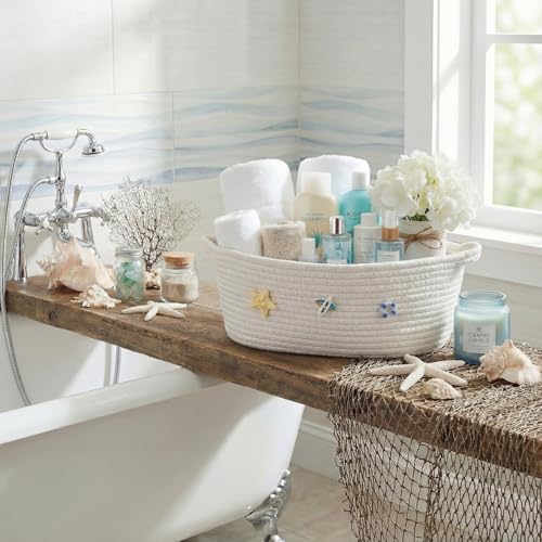 Boho Coastal Toilet Paper Storage Basket, Cute 3D Starfish Ocean Decor Cotton Rope Bathroom Storage Basket, Beach Bathroom Organizer Bin for Toilet Tank Counter Shelf Nursery, 12 x 8 x 5 Inch