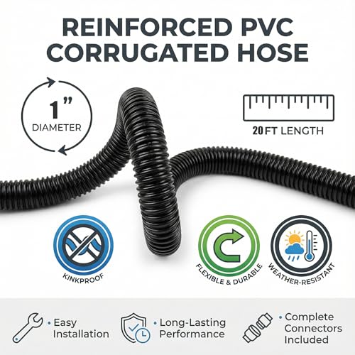 Corrugated Pond Tubing - Flexible, Kinkproof, Reinforced PVC Hose for Water Gardens, Pumps, Waterfalls & Aquaculture (20 Feet Black, 1.0 Inch)