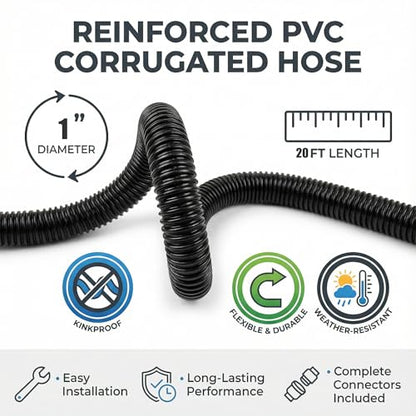Corrugated Pond Tubing - Flexible, Kinkproof, Reinforced PVC Hose for Water Gardens, Pumps, Waterfalls & Aquaculture (20 Feet Black, 1.0 Inch)