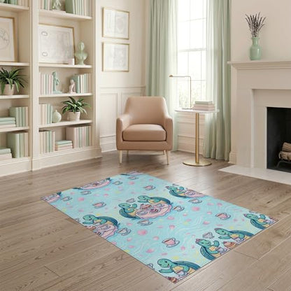 4'x6' Washable Kawaii Turtle Accent Rug, Teal Non-Shedding Small Carpet for Playroom, Bedroom, Reading Nook, Pet Friendly & Kids Safe Play Mat | Ref:1955471 - color: Blue/Pattern 1, size: 4' x 6' (Rectangular)