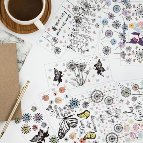 arricraft 10 Pcs Dandelion Theme Cup Printing UV Transfer Papers, 10 Styles Bohemian Flowers Fairy Butterfly PVC DIY Heat Transfer Stickers Inspirational Decal for 16 OZ Glass Cups Crafts 9.5x4.3inch - style: Dandelion Theme