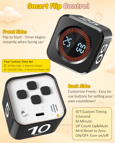 Digital Pomodoro Timer Cube 5/10/25/50min Preset, Silent & Sound Alarm - color: Black