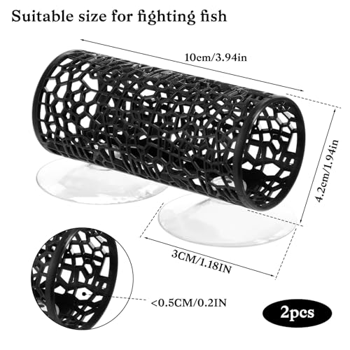 2 Pcs Betta Fish Toy Tunnels Small Hole Hollow Cave Betta Tunnel Guppies Hideout Tube with Suction Cup for Small Fish & Shrimp Hiding Resting Playing (Black)