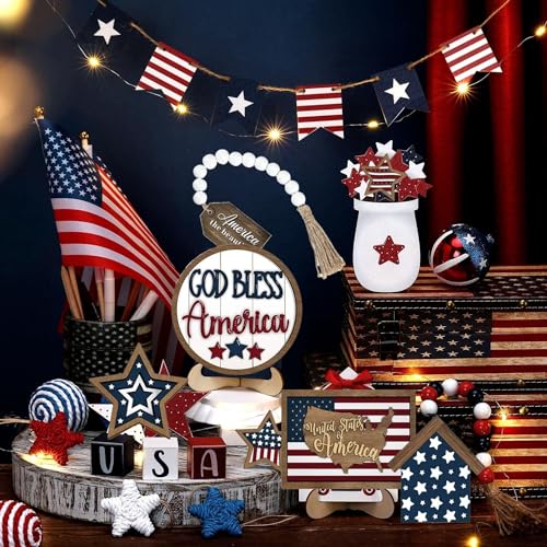 18 Pcs 4th of July Tiered Tray Decor Set - Patriotic Wooden Signs with Rustic Farmhouse Stars, Red White Blue Centerpieces for Independence Day Table & Mantel Decor(No Tray) - size: 7.1"