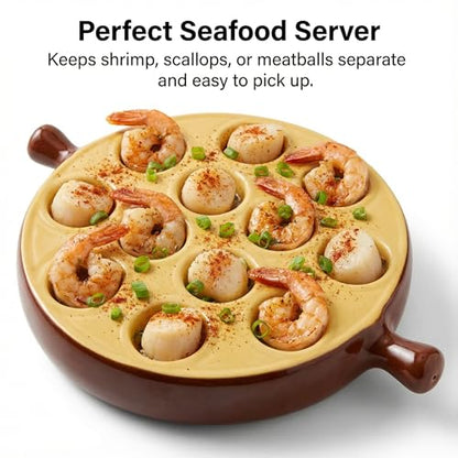 Hemoton Ceramic Escargot Baking Dish, 12 Holes Snail Plate with Handles, Round Mushroom Server for Oven to Table, Scallop Shrimp Appetizer Tray, Kitchen Cooking Pan for Home, Restaurant, 6.75 Inch