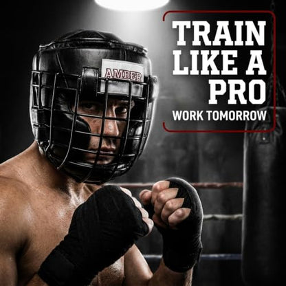 Heavy Leather Headgear with Removable Face Mask, Adjustable Hook & Loop Closure - Ideal for Boxing, Kickboxing, MMA Training
