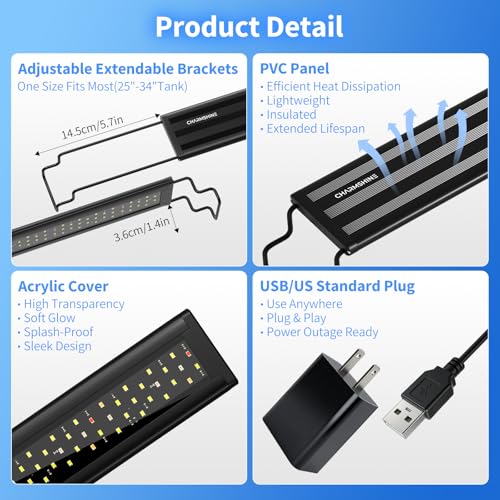 Aquarium Lights for Fish Tank 20 gallon, 24-30in Aquarium Plant Light USB Full Spectrum Fish Tank LED with Timer 6/8/12H ,Memory Function,Adjustable Brightness (Plug and Temp Strip Included)