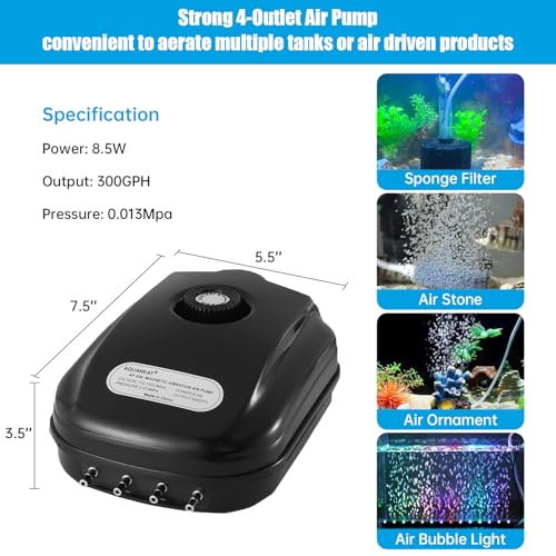AQUANEAT Aquarium Air Pump 300GPH, for up to 200 Gallon Fish Tank, Powerful Hydroponic Aerator Pump, Adjustable Oxygen Bubbler
