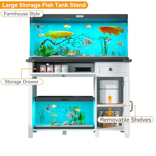 40 Gallon Fish Tank Stand with Power Outlets, Farmhouse Decorative Aquarium Stand Furniture with Adjustable Shelves and Storage Drawer, 30-40 Gallon Reptile Turtle Tank Stand(White, 30-40GL)