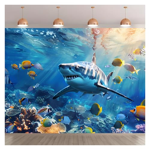 7x5FT Underwater Shark Backdrop Tropical Ocean World Coral Reef Photo Background Blue Sea Fish Aquarium Party Banner Kids Birthday Photography Summer Pool Party Wall Decor Supplies