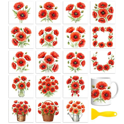 Peacoblue 18 Sheets Rub on Transfers for Crafts, Poppy 3.6"x3.9" UV DTF Cup Wraps Waterproof Rub on Cold Transfers Stickers for Wood Glass Metal Cup Tumblers Mirrors Mugs Home Decor - style: Poppy