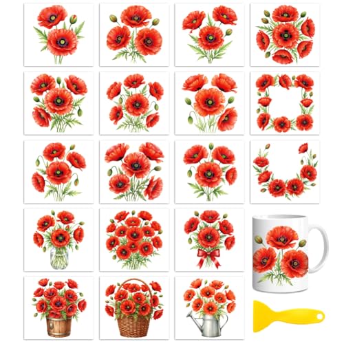 Peacoblue 18 Sheets Rub on Transfers for Crafts, Poppy 3.6"x3.9" UV DTF Cup Wraps Waterproof Rub on Cold Transfers Stickers for Wood Glass Metal Cup Tumblers Mirrors Mugs Home Decor - style: Poppy